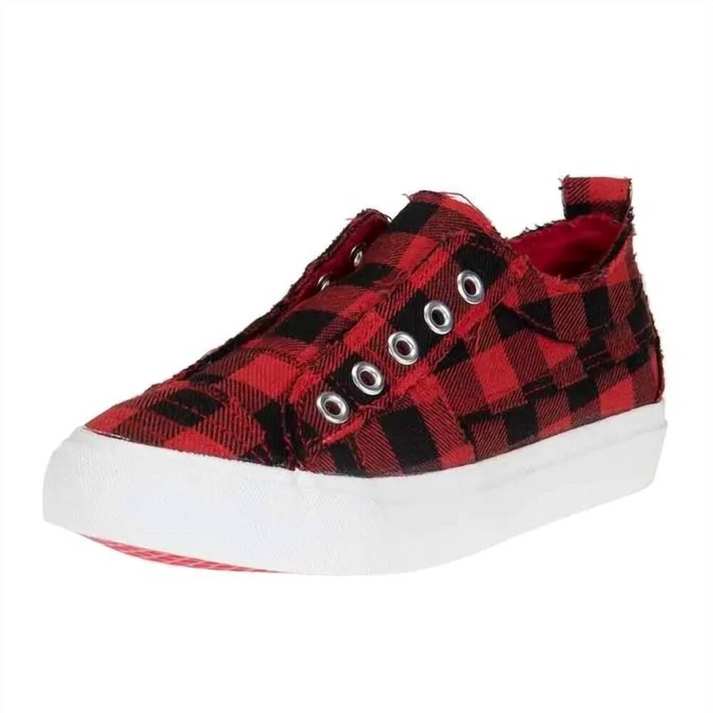 NEW CORKYS FOOTWEAR kid's slip on sneakers in red plaid